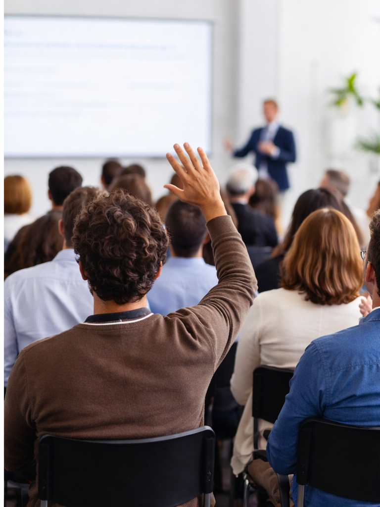 Participantes en un evento científico de espectroscopía; asistente levanta la mano durante una charla sobre tendencias 2026.
